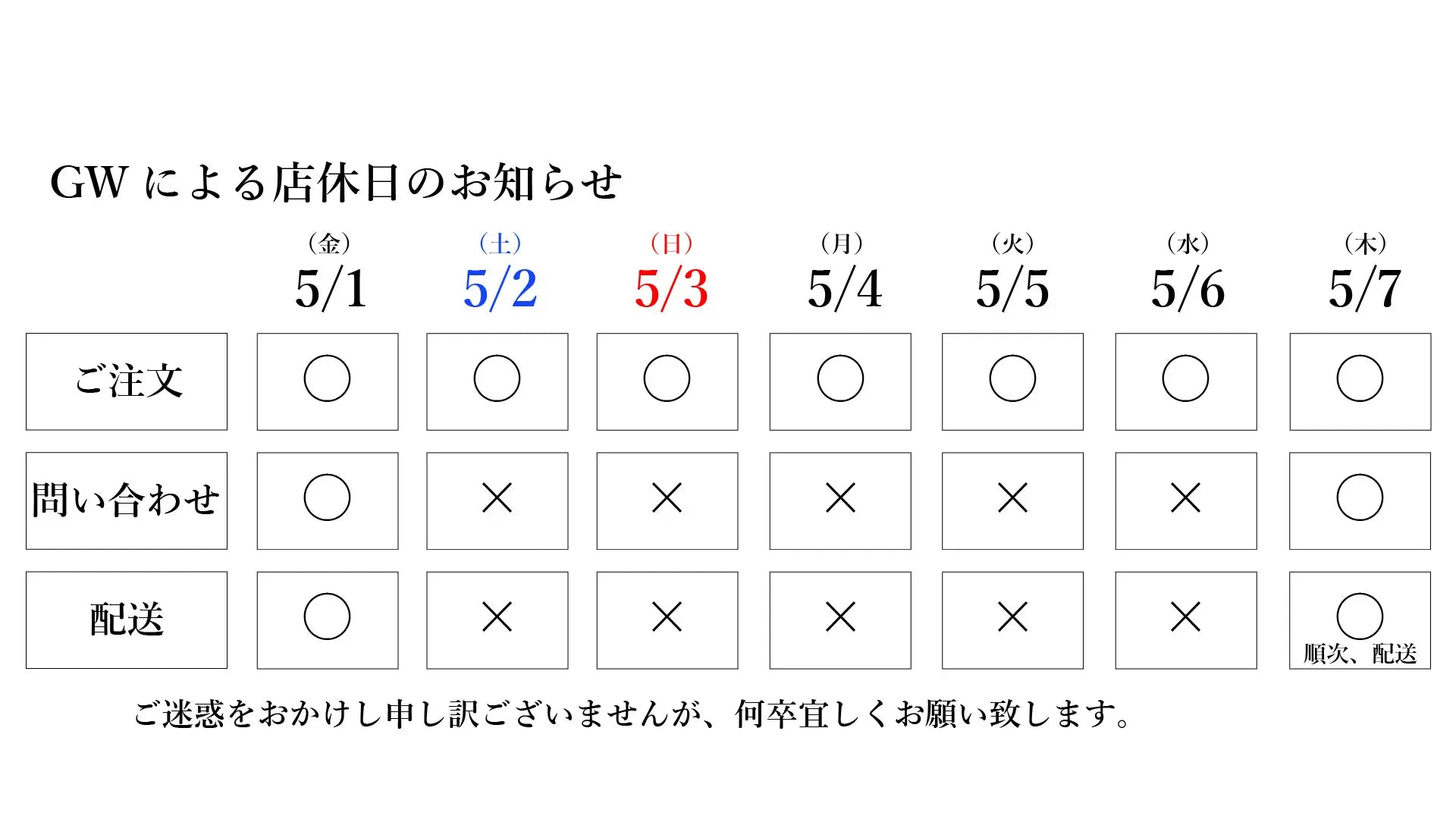 GW期間の店舗定休日