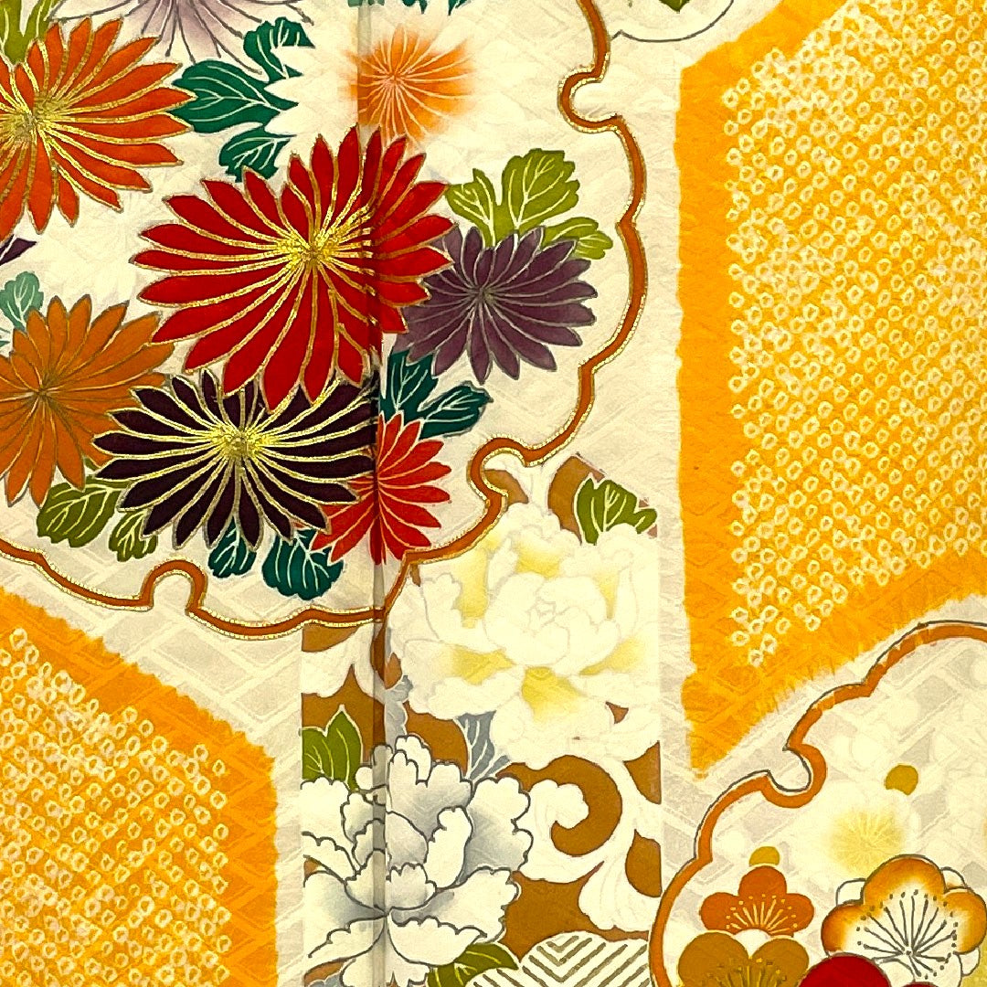 振袖 雪輪に草花 絞り 身丈156cm 裄丈62cm 正絹 Bランク 袷 黄系 1113000272323