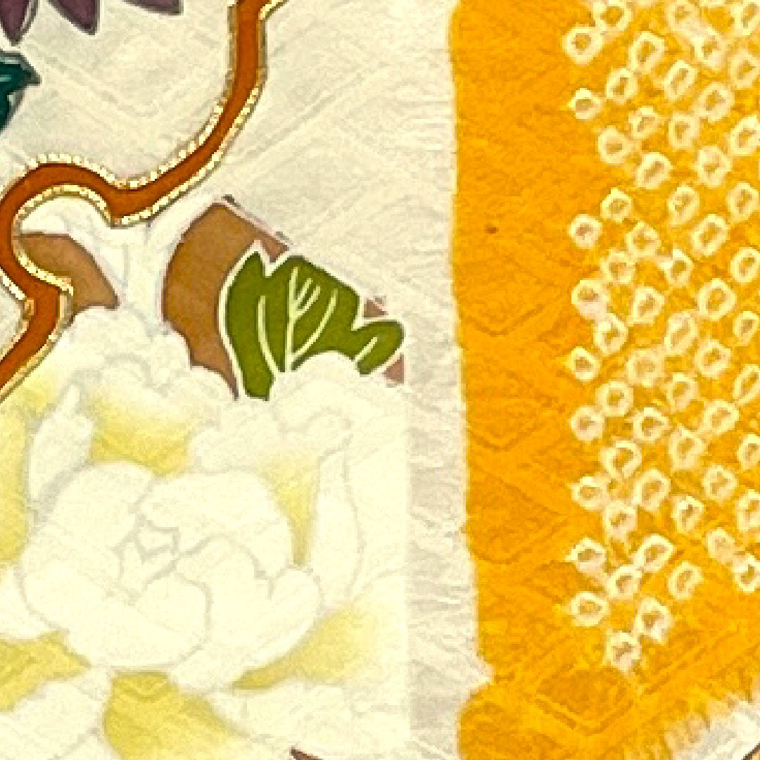 振袖 雪輪に草花 絞り 身丈156cm 裄丈62cm 正絹 Bランク 袷 黄系 1113000272323