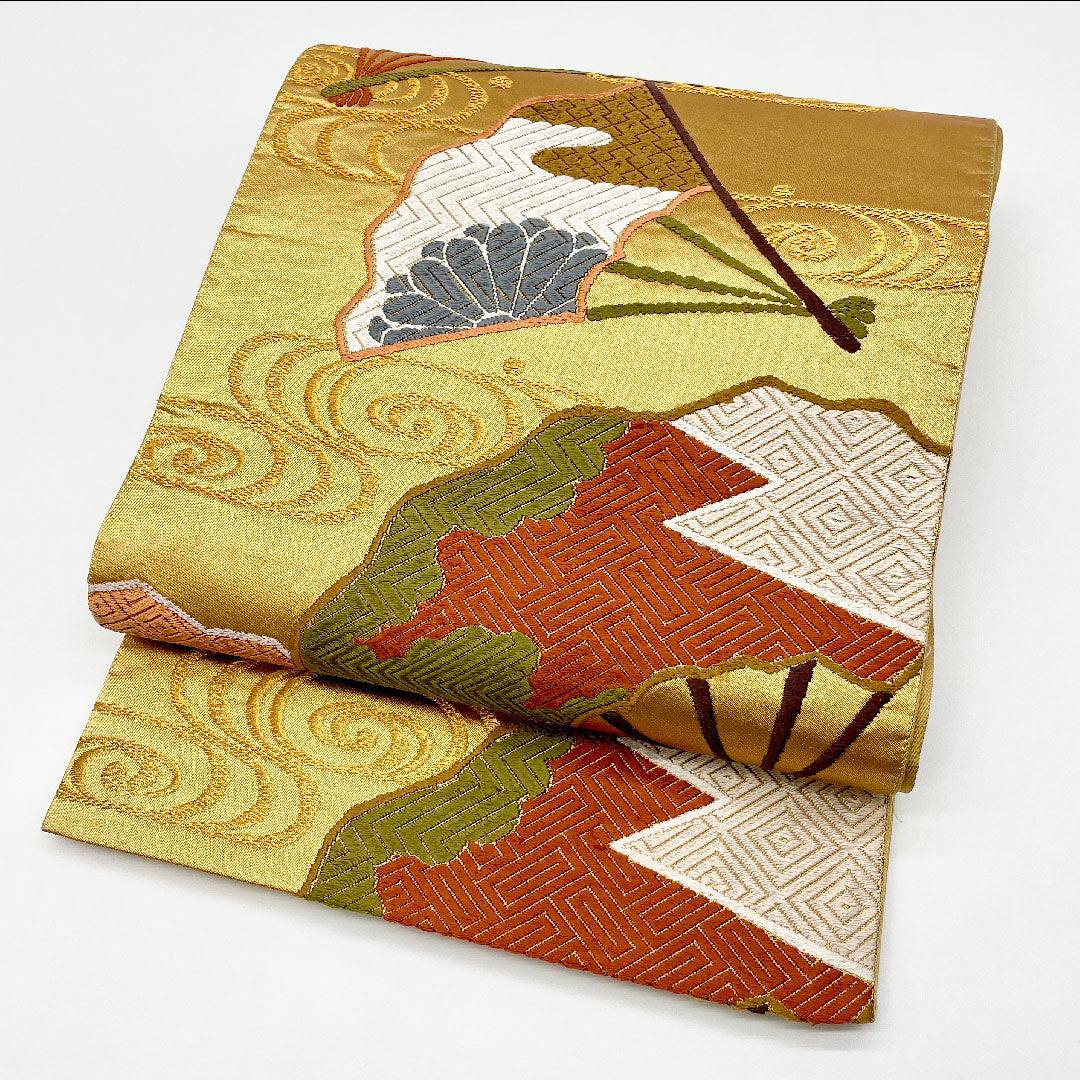 再生和服] 袋带扇流水426cm纯丝六通正装金1123000422321