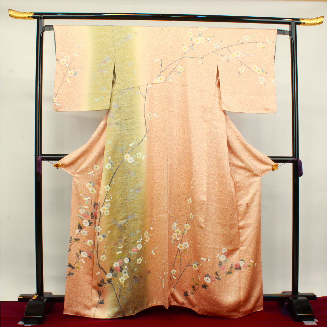 訪問着 正絹 袷 身丈163.5cm 裄丈64cm 朱華色 タタキ染 梅 菊 作家物 Sランク 朱系 1112003252416