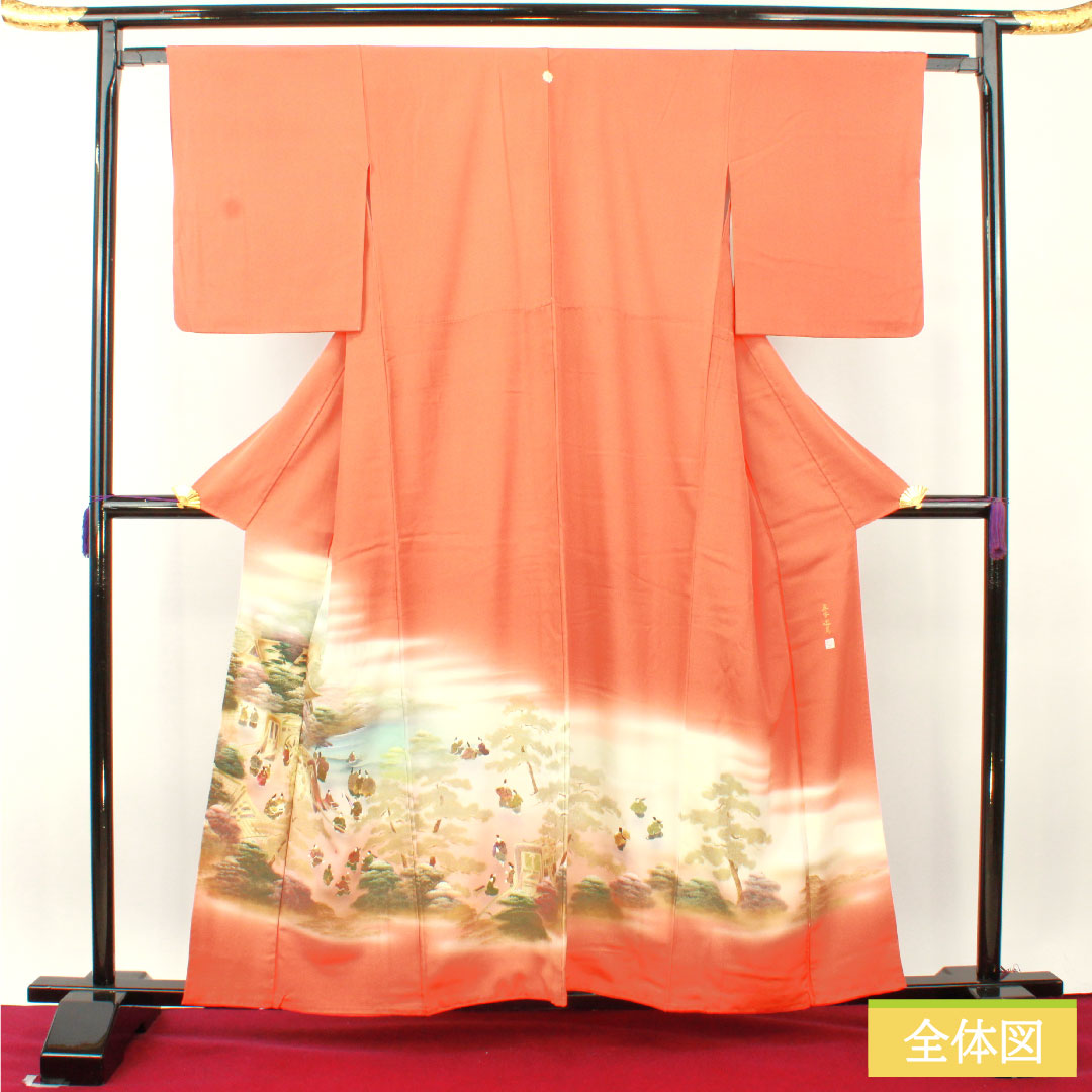 彩色留袖、纯丝、长度 159.5 厘米、袖长 63 厘米、衬里、赤橙色、京友禅、历史人物和风景、一个徽章、刀剑和片刃、S 级、橙色、1111001422326