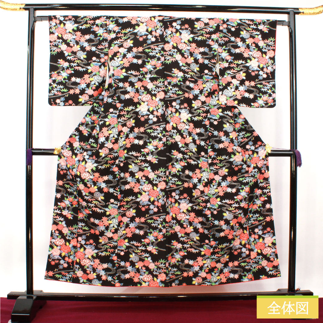 小紋 正絹 身丈152cm 裄丈63.5cm 袷 型染 吉祥文様 Sランク 黒系 1115004132210