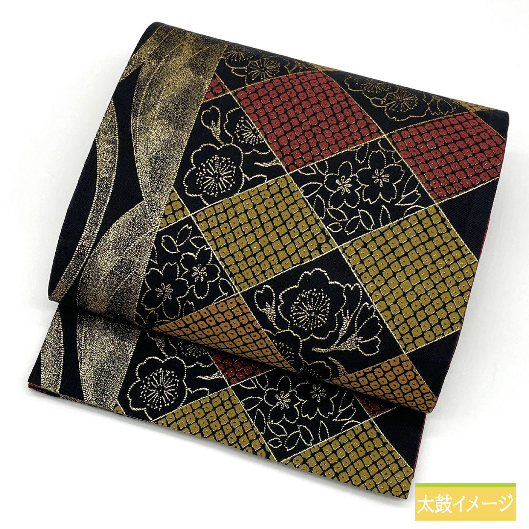 リサイクル着物】袋帯 正絹 Aランク 菱格子 西陣織 桜 帯丈444cm 全通