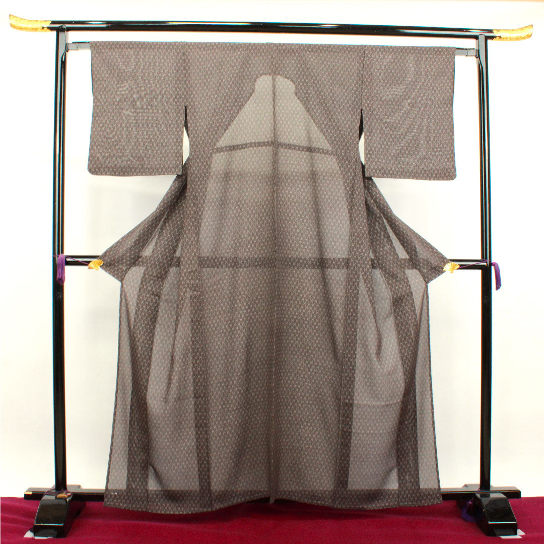 夏物 正絹 小紋 身丈160cm 裄丈63.5cm 黒鼠色(くろねずいろ) 幾何学模様 絽 Aランク 茶系 1132001673414