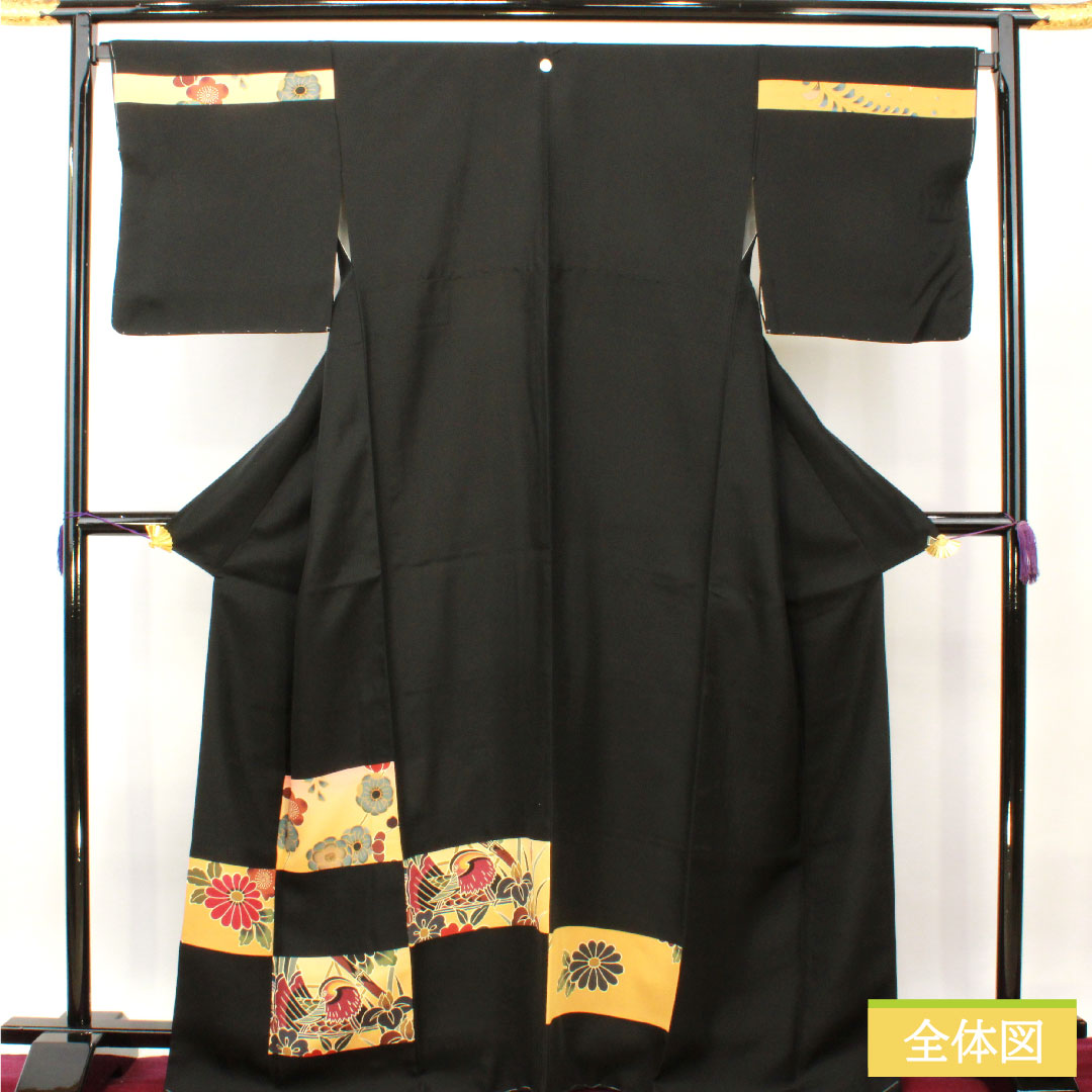 Homongi, pure silk, lined, length 169.5cm, sleeve length 69cm, inlay, Kyoto Bingata, one crest, S rank, black, 1112004192510