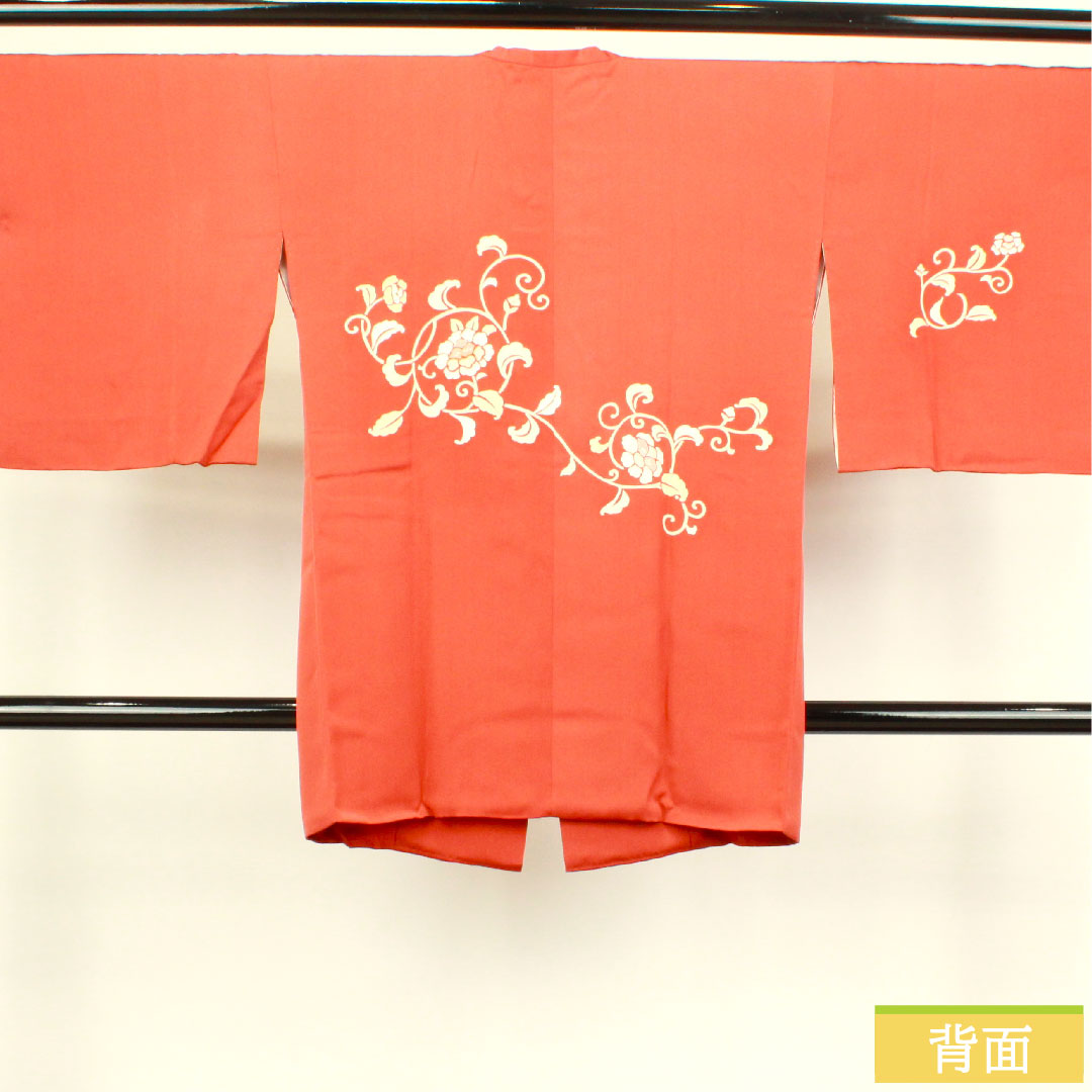 道行コート 正絹 身丈90.5cm 裄丈68cm 弁柄色 パールトーン加工 京友禅 草花模様 Sランク 袷 朱系 1117000802916