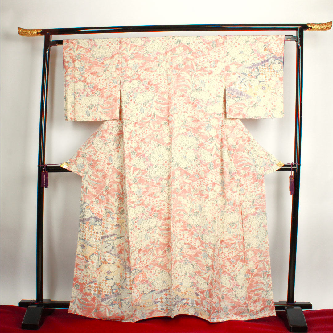 小紋 身丈164cm 裄丈64cm 袷 宍色 辻ヶ花 正絹 Sランク ピンク系 1115002272413