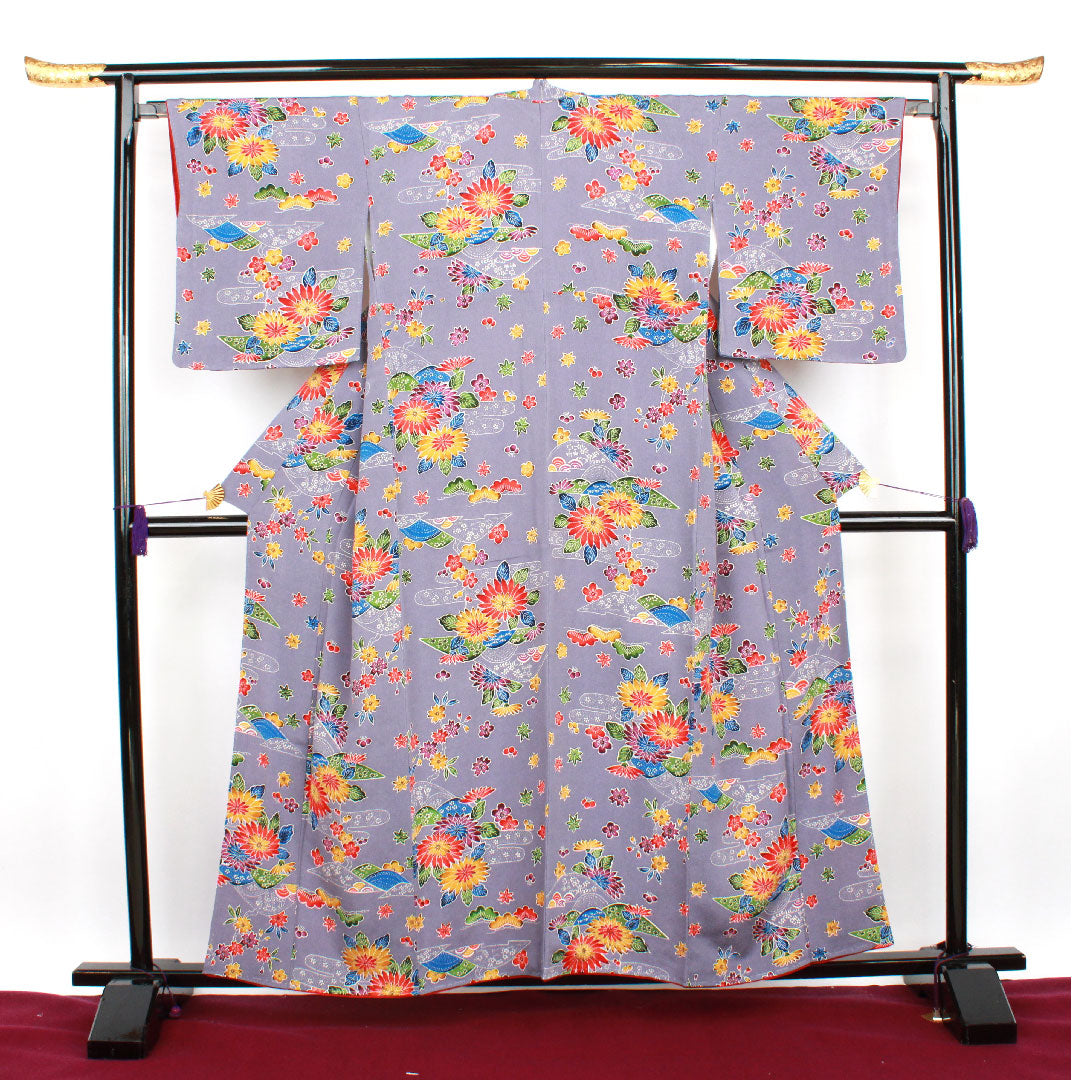 小紋 身丈158cm 裄丈66.5cm 袷 藤鳩羽色 型染 菊 正絹 Aランク 紫系 1115002413320