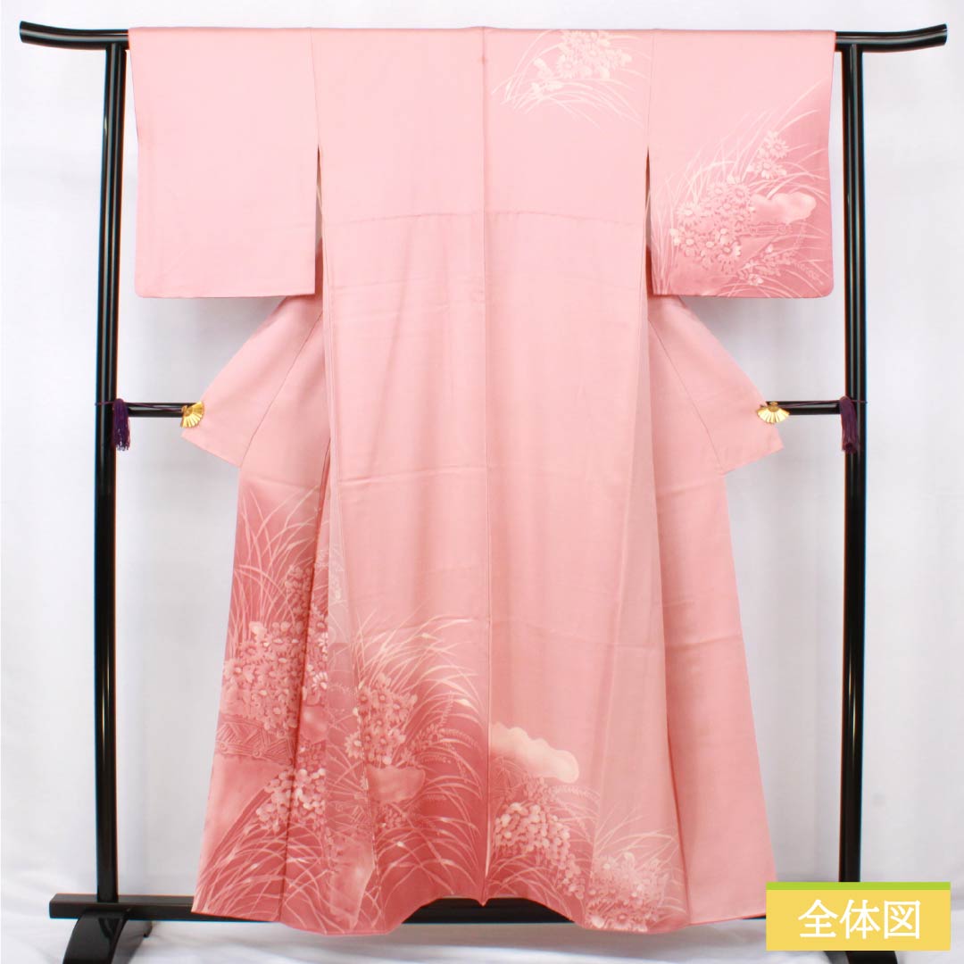 訪問着 正絹 Aランク 袷 身丈155cm 裄丈62cm 浅紅色(あさべにいろ) 縫い紋 一つ紋 ろうけつ染め 草花 重ね衿付き ピンク系 1112006323313