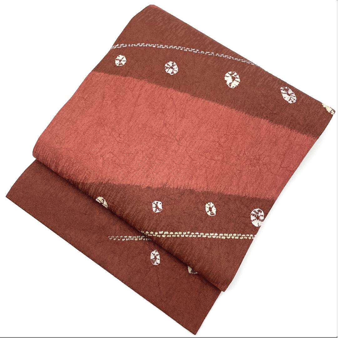 名古屋帯 栗梅色 長春色 絞り 帯丈376cm 正絹 Sランク ポイント柄 カジュアル 茶系 1124003802314 名古屋仕立て