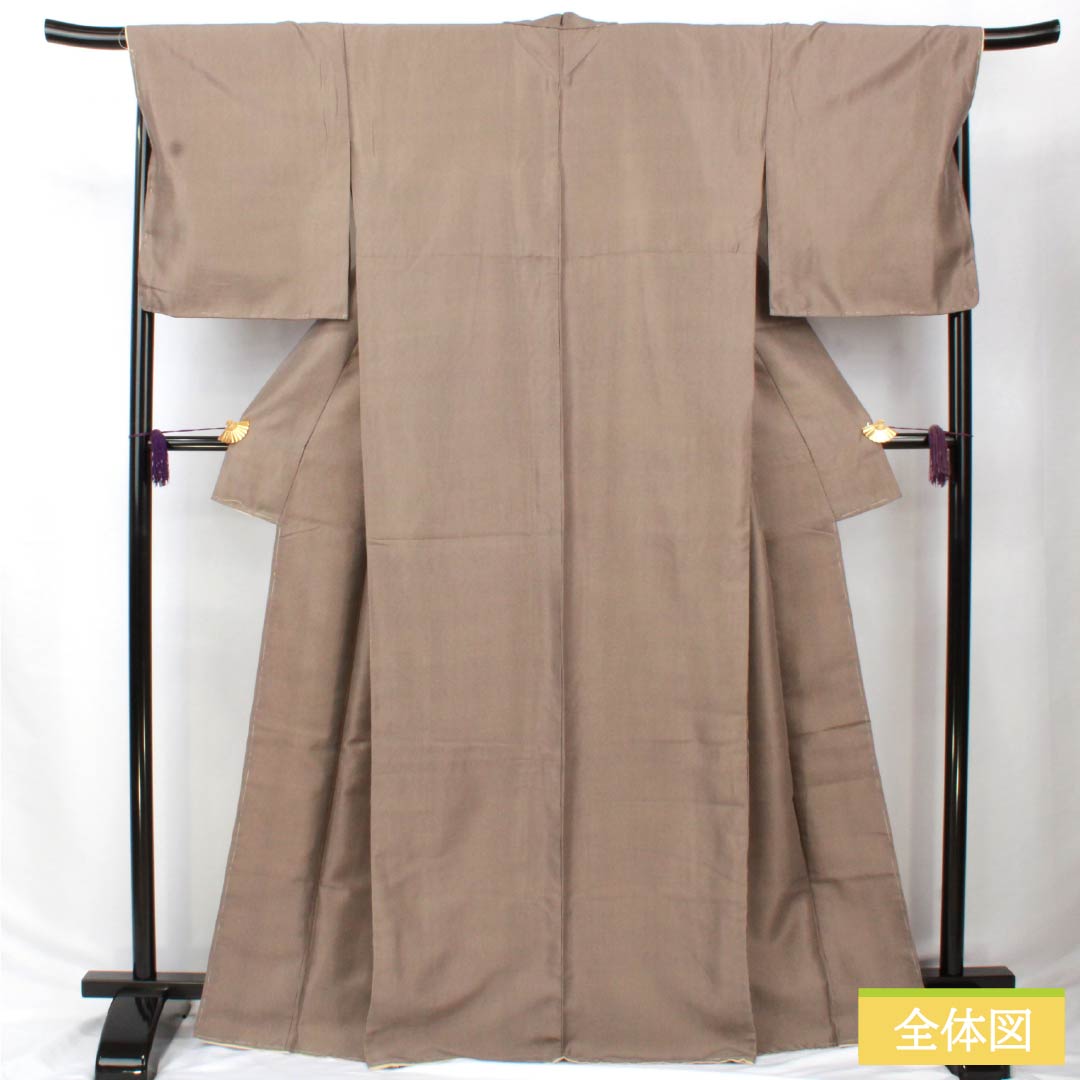 小紋 ポリエステル 身丈169cm 裄丈69.5cm 袷 落栗色(おちぐりいろ) 縦縞 未使用品 しつけ糸付き 洗える着物 Sランク 茶系 1115006002514