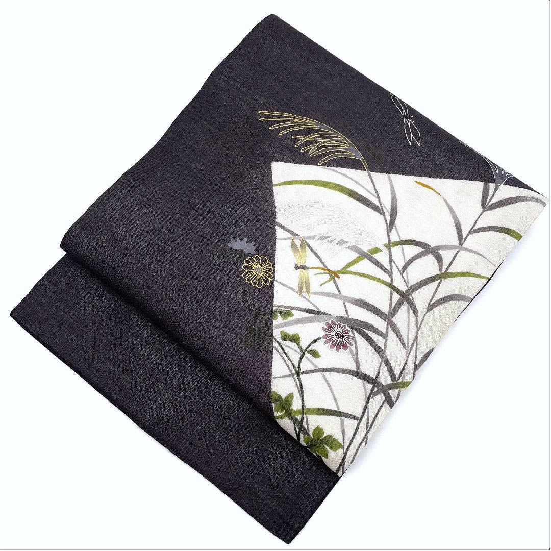 名古屋帯 藤煤竹色 夏帯 紗 とんぼ すすき 染帯 帯丈374.5cm 正絹 Sランク ポイント柄 セミフォーマル グレー系 1124004162322 名古屋仕立て