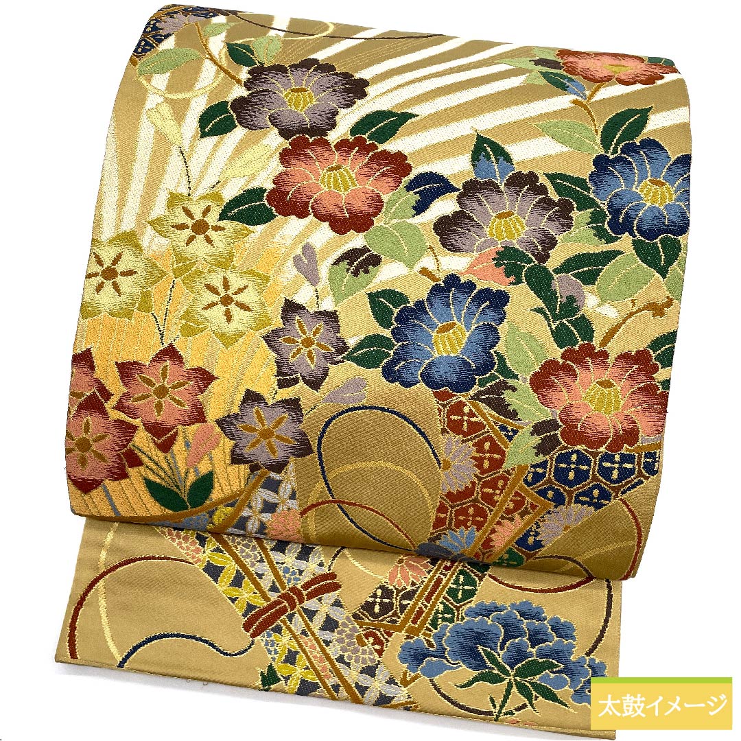 袋帯 正絹 胡桃色(くるみいろ) 花柄 白綾苑大庭 振袖用 帯丈438cm Aランク 六通 フォーマル ベージュ系 1123010783325