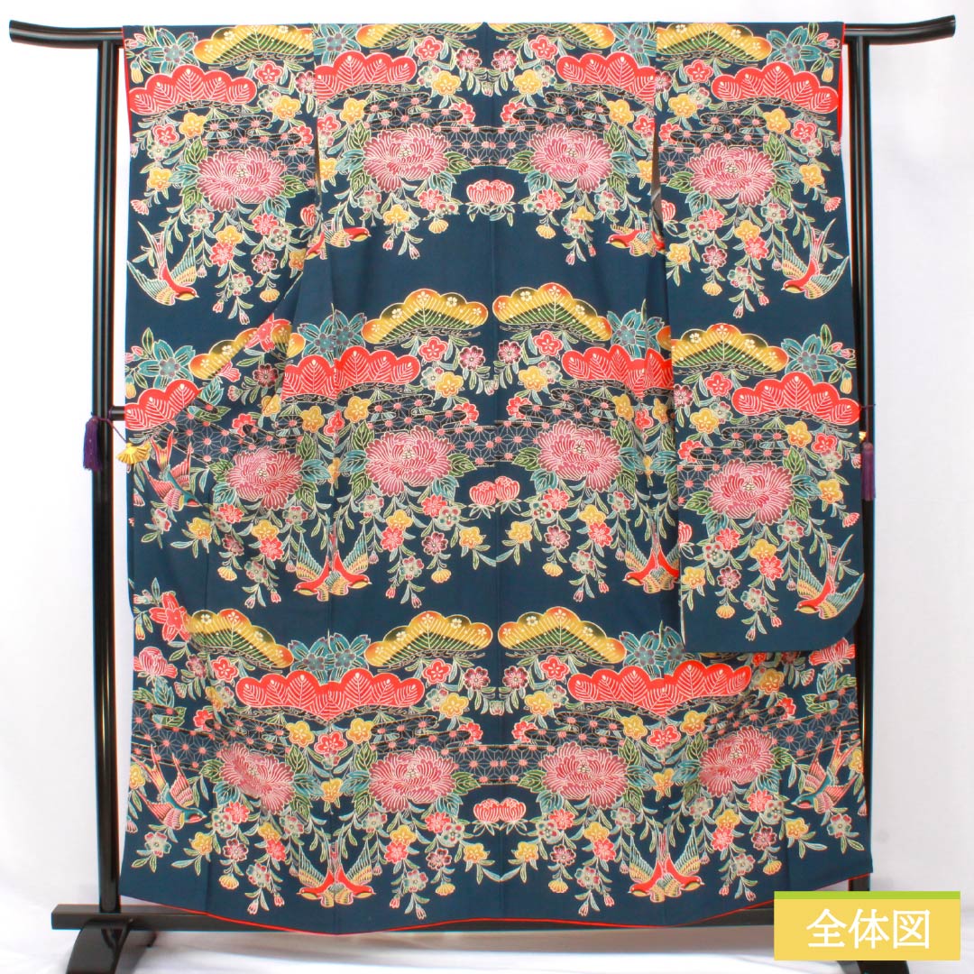 振袖 正絹 Aランク 身丈160cm 裄丈62.5cm 袷 印度藍色(いんどあいいろ) 京紅型 吉祥文様 松 牡丹 紺系 1113002453418
