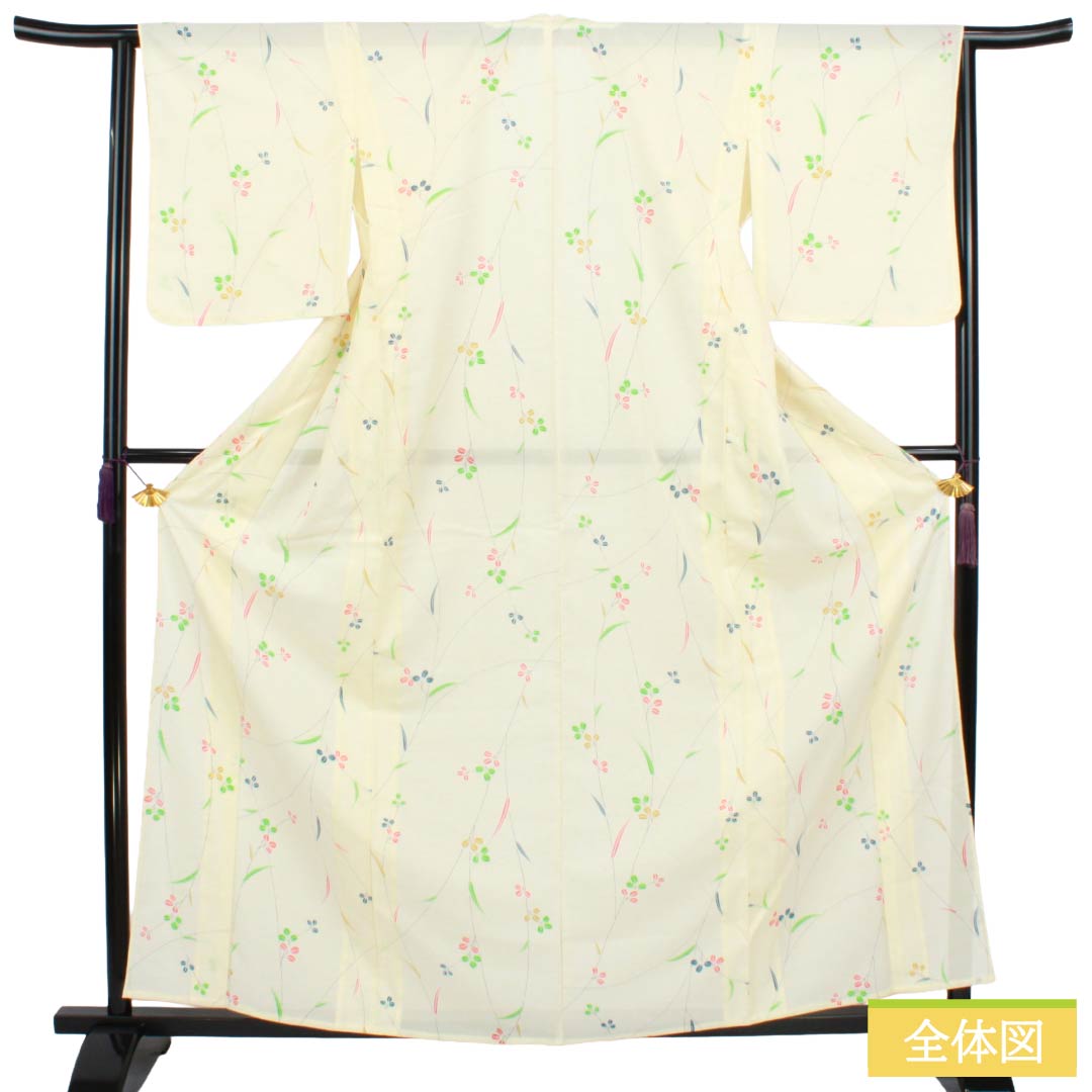 夏物 ポリエステル 小紋 Aランク 身丈163.5cm 裄丈64cm 白百合色(しらゆりいろ) 草花模様 絽 黄系 1132004513423