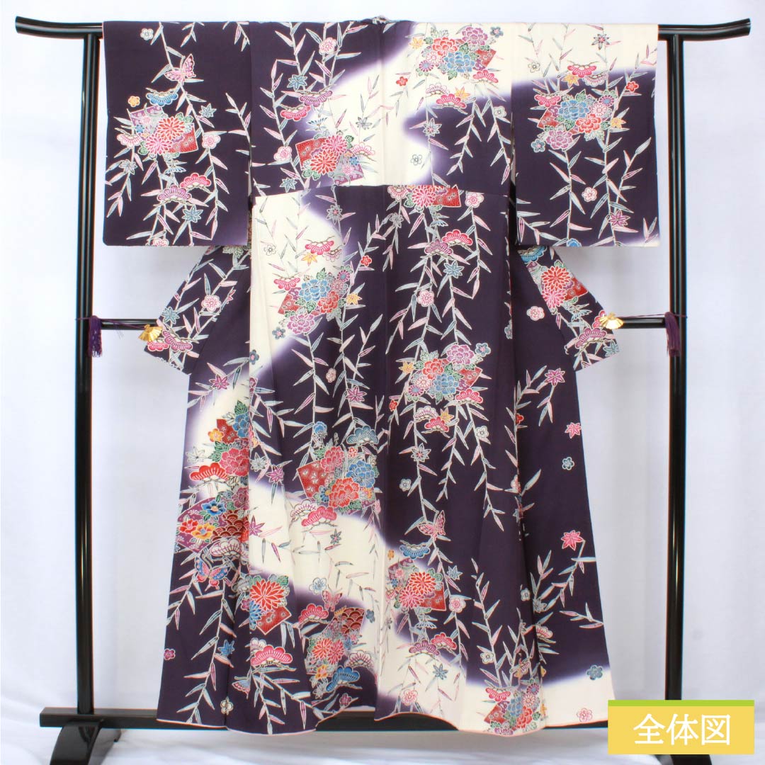 訪問着 正絹 Aランク 袷 身丈155.5cm 裄丈62cm 深紫色(ふかきむらさきいろ) 京紅型 松竹梅 蝶 扇面 菊 紫系 1112006403320