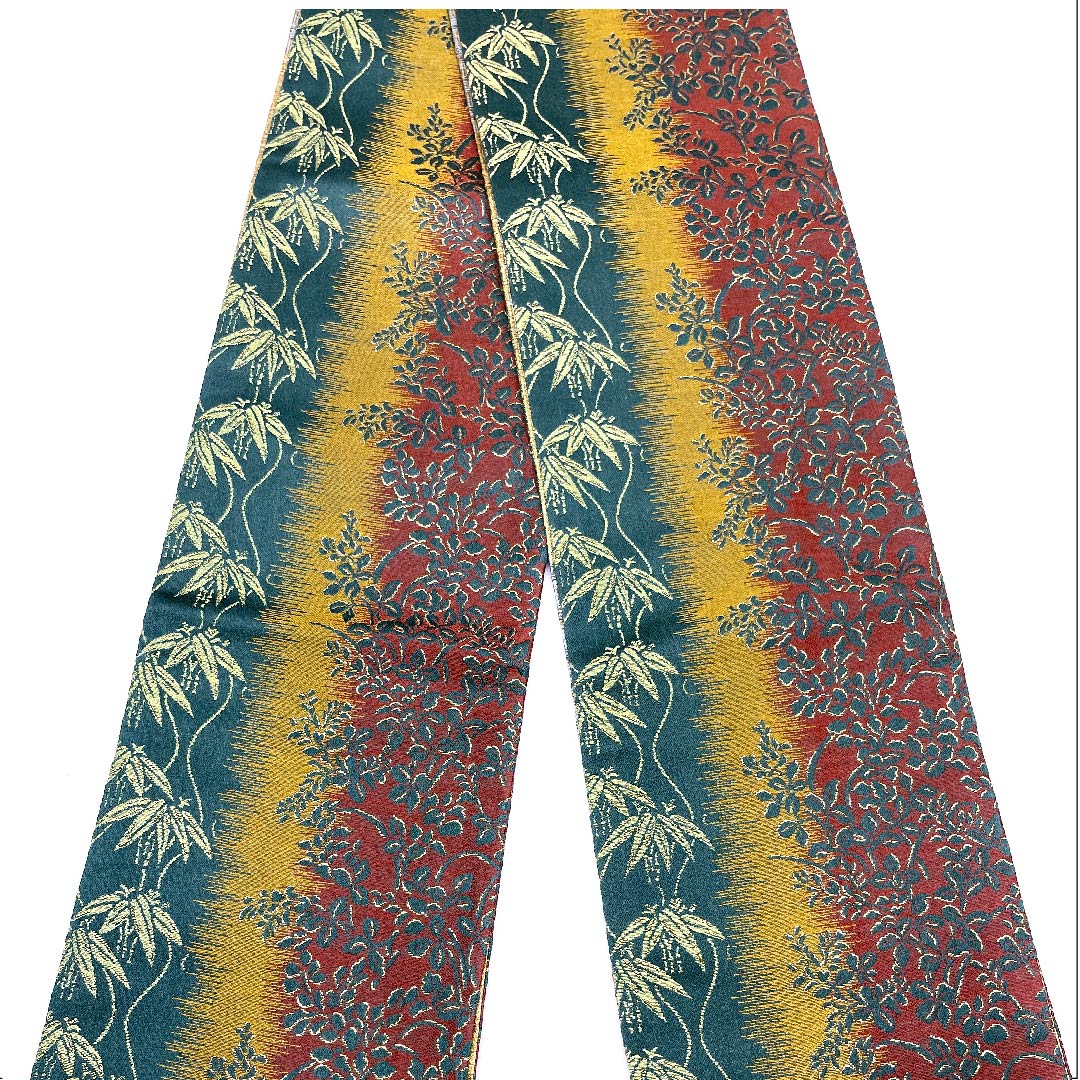 半幅帯 ポリエステル 鉄色(てついろ) 紅海老茶色(べにえびちゃいろ) 笹模様 植物模様 古典柄 長尺 帯丈448cm グラデーション系 Sランク 1125001092499