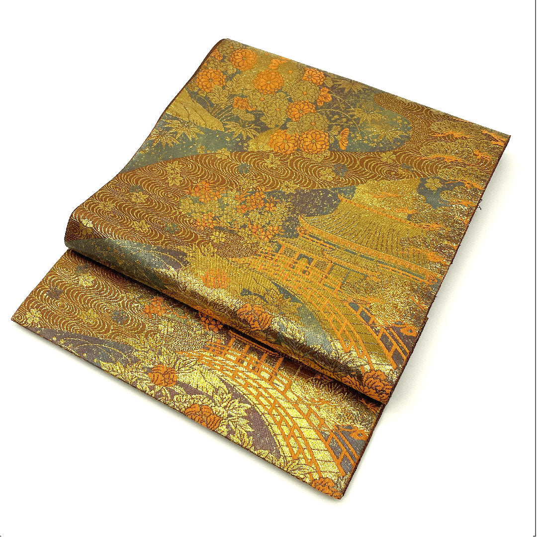 リサイクル着物】袋帯 手織り 御所絵巻文様 本金箔24金 432cm 正絹 A 