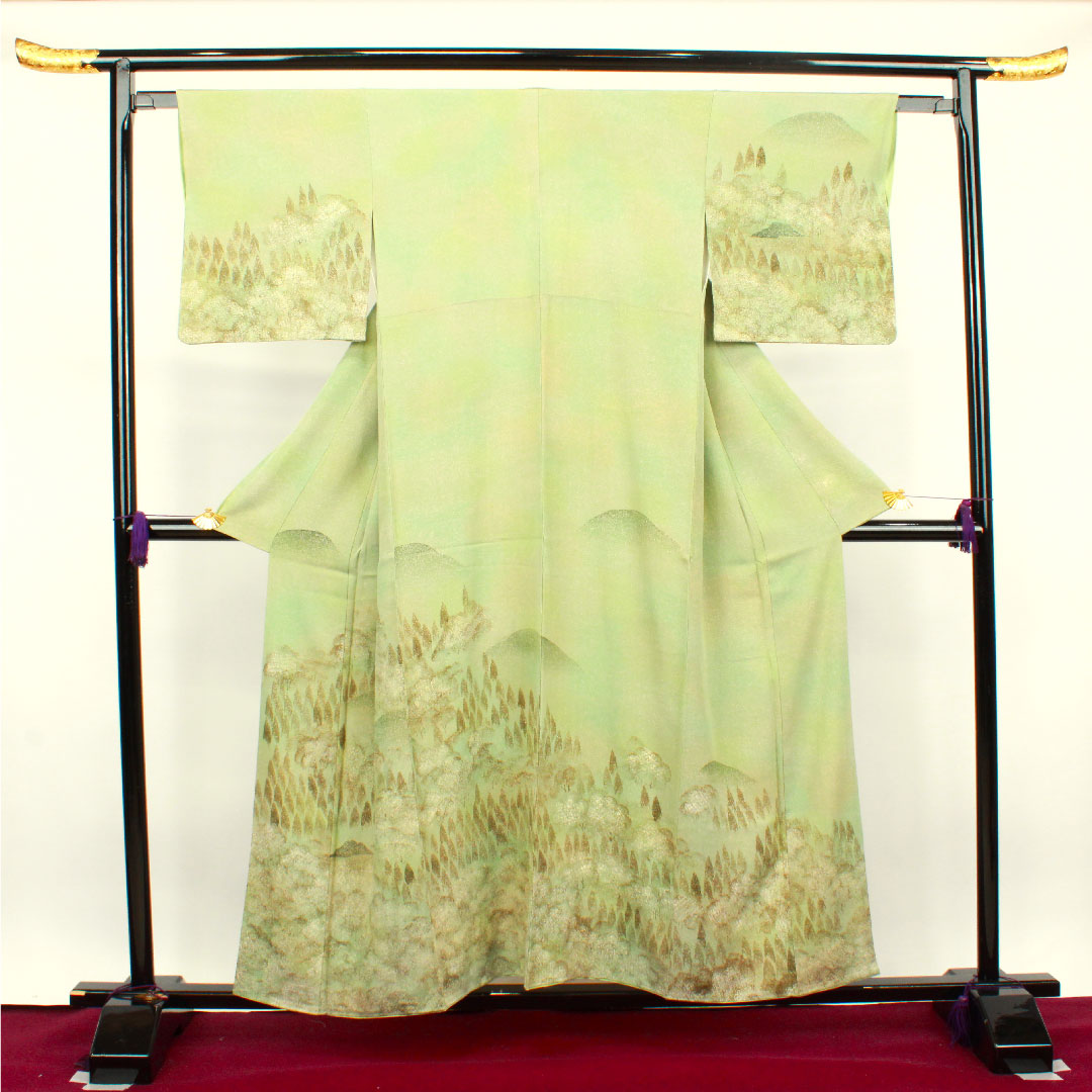 訪問着 袷 身丈156cm 裄丈61.5cm 裏葉色 タタキ染 風景模様 正絹 Aランク 緑系 1112002303319