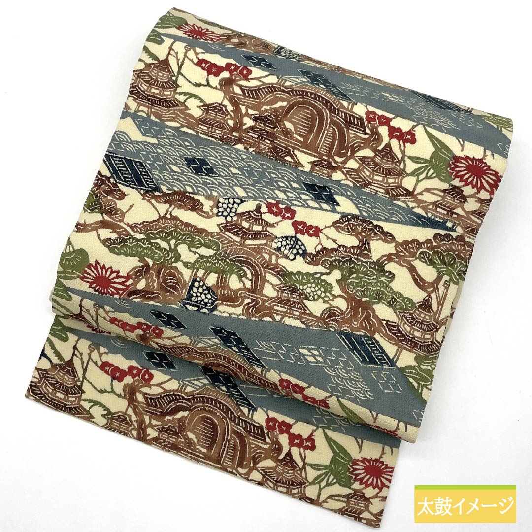 Nagoya obi, pure silk, gyoshikou-iro (fish roe yellow), Kyoto Bingata, Bingata-style pattern, landscape pattern, obi length 341cm, A rank, six-pass, semi-formal, beige, 1124007213325, Nagoya style