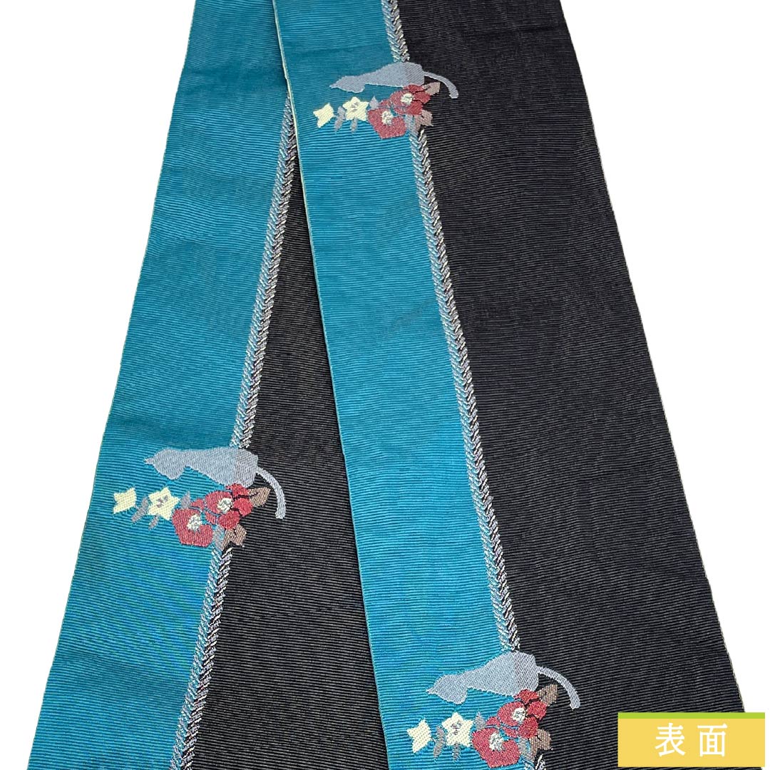 半幅帯 ポリエステル Sランク 黒色(くろいろ) 孔雀青色(くじゃくあおいろ) ネコ 花柄 菱型 広幅 帯丈397cm 黒系 1125005722310