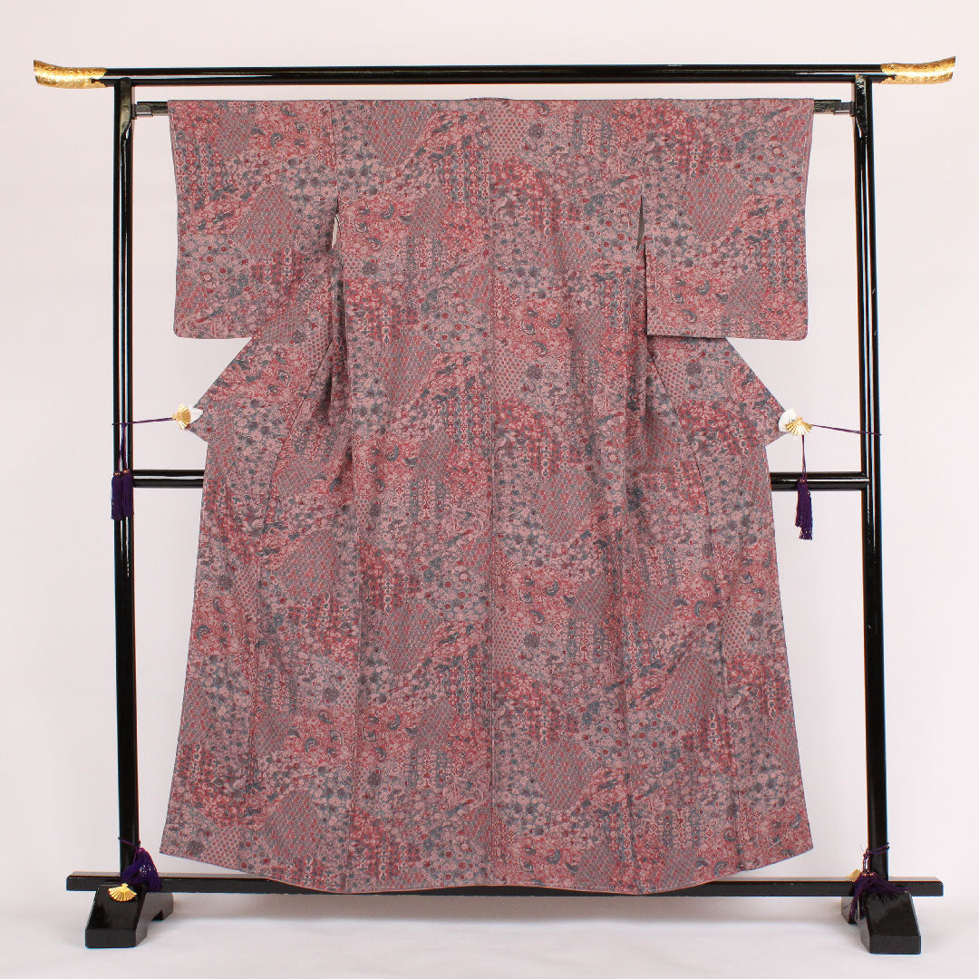 小紋 身丈160cm 裄丈64cm 袷 更紗柄 正絹 Sランク 紫系 1115000202320