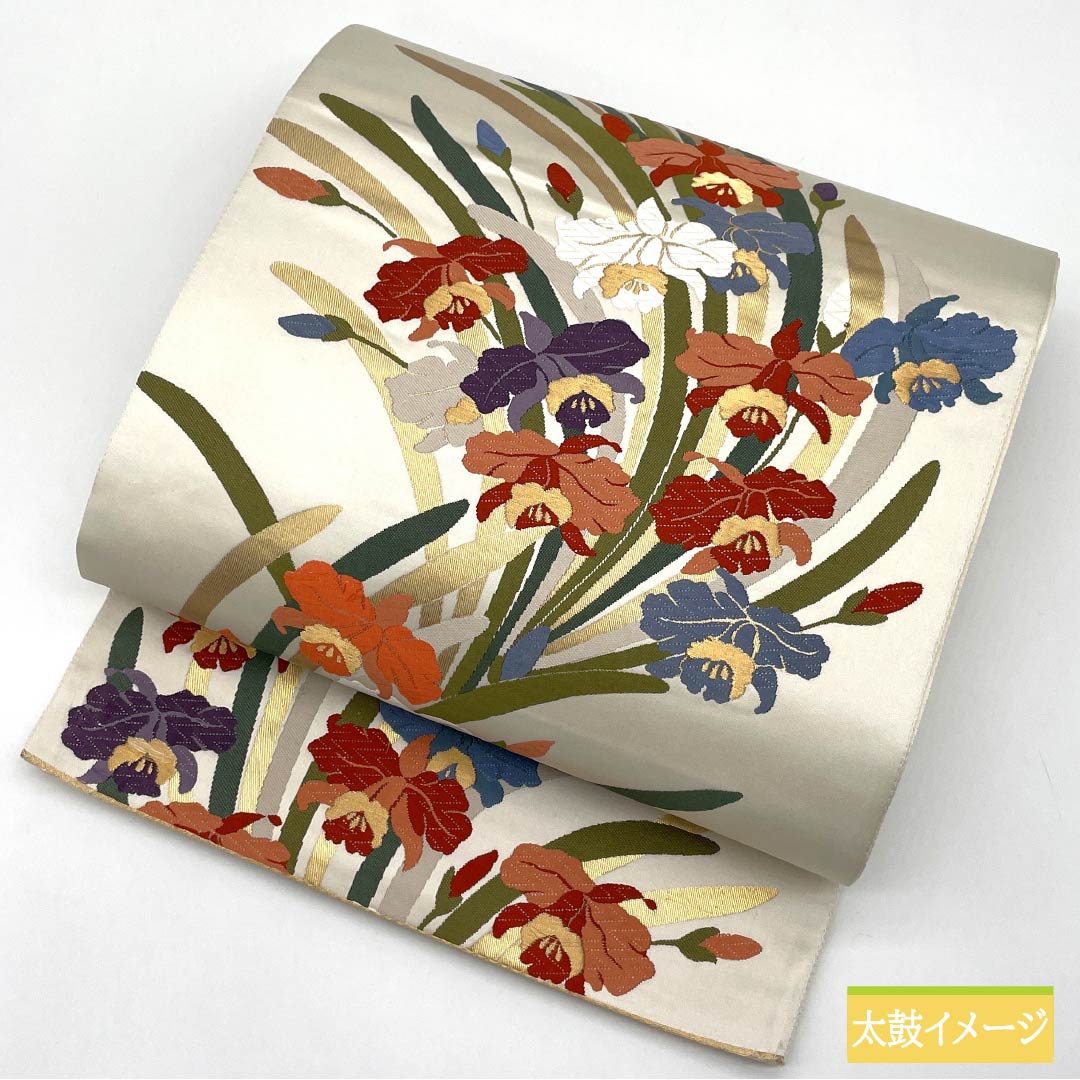 Fukuro Obi, pure silk, floral pattern, obi length 442cm, S rank, six-way, formal, white, 1123013912311