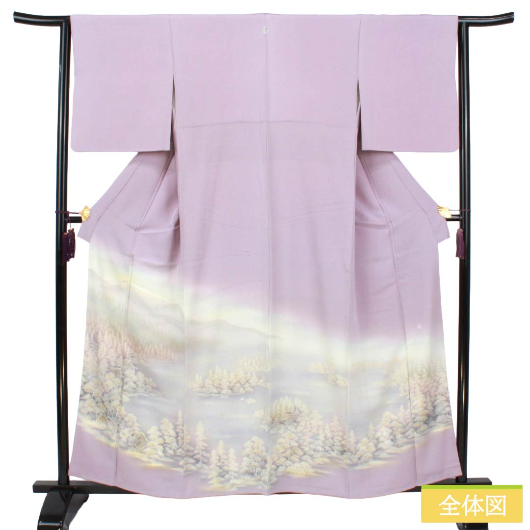 色留袖 正絹 Sランク 身丈158.5cm 裄丈64cm 袷 淡藤色(うすふじいろ) 摺り友禅 風景画 一つ紋 丸に三つ茗荷巴 作家物 一つ紋 紫系 1111002202320