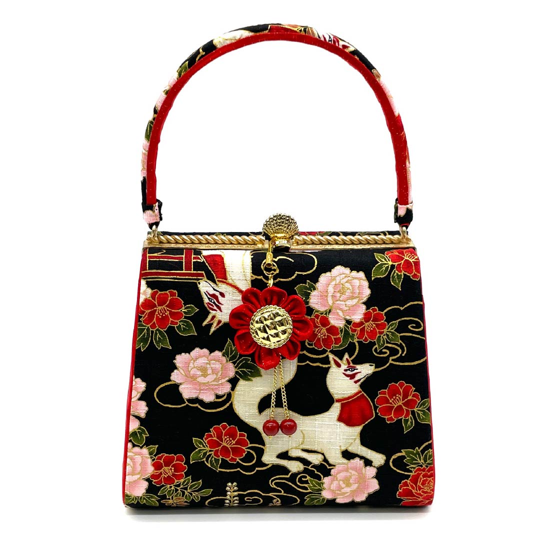 和装バック カジュアル 黒色(くろいろ) 花柄 狐 動物柄 黒系 NEWランク 113900031110