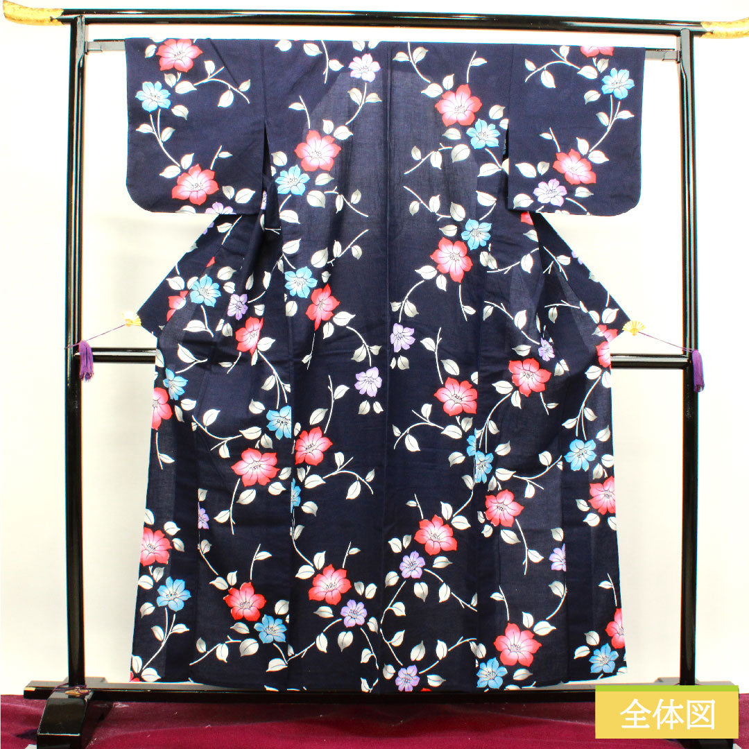 浴衣 木綿 身丈157cm 裄丈62.5cm Aランク 単衣 紺系 濃紺色(のうこんいろ) 椿 1118004593318