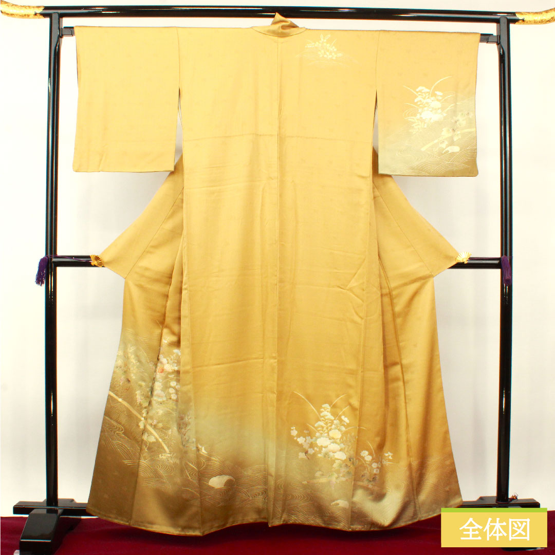 訪問着 袷 身丈162cm 裄丈65cm 唐金色 金彩加工 草花模様 正絹 Sランク 黄系 1112003922423