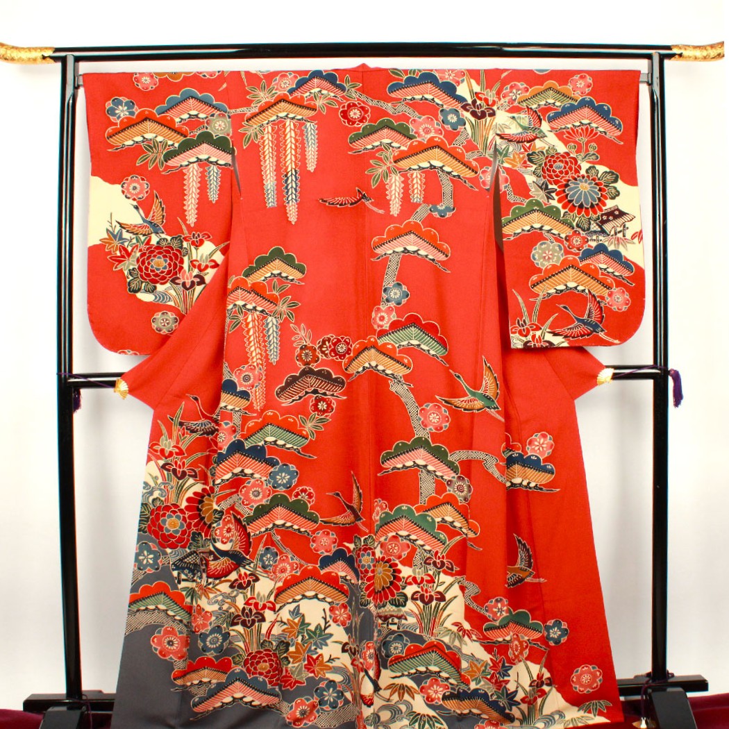 振袖 身丈168cm 裄丈67cm 袷 弁柄色 京紅型 小振袖 正絹 Sランク 赤系 1113000852512