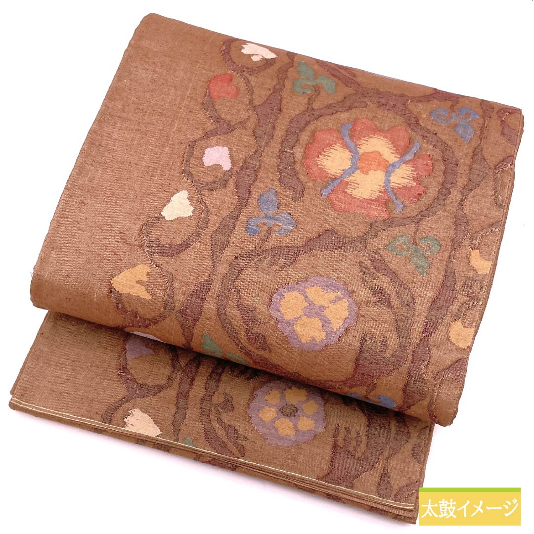 袋帯 正絹 朱度生壁色(しゅどなまかべいろ) 紬地 鳥 丸に花唐草 帯丈444cm Sランク 六通 カジュアル 茶系 1123013192314