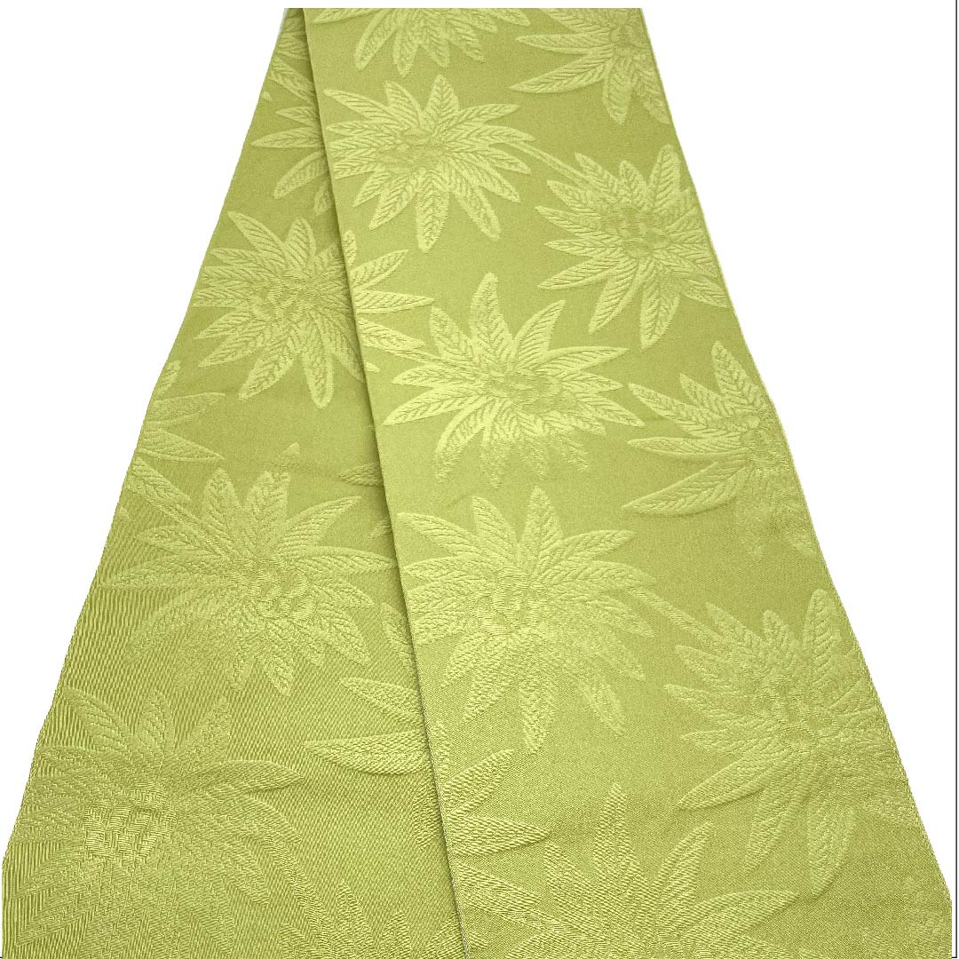 半幅帯 ポリエステル 帯丈380cm 青朽葉色(あおくちばいろ) 花柄 アダン 植物模様 雲 幾何学模様 緑系 Aランク 1125001303319