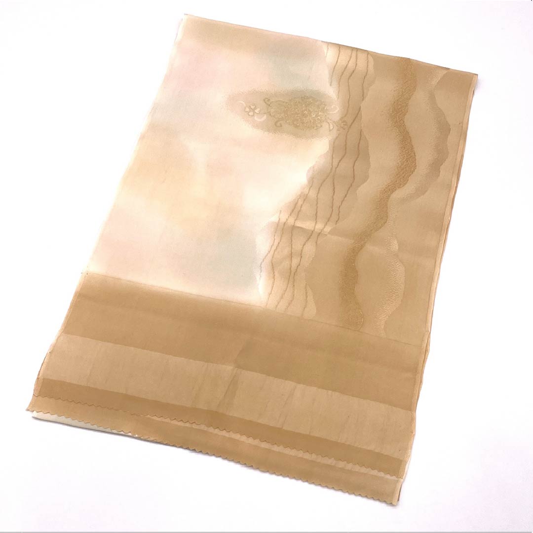 Obiage, pure silk, S rank, semi-formal, usugakiiro (pale persimmon color), blurred, vertical stripes, flowers, length approx. 179cm, width approx. 30cm, orange family, 1136004222926