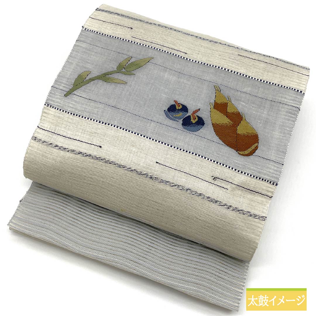 名古屋帯 正絹 空鼠色(そらねずいろ) 夏帯 野菜 帯丈373cm Bランク ポイント柄 カジュアル 青系 1124007964317 松葉仕立て