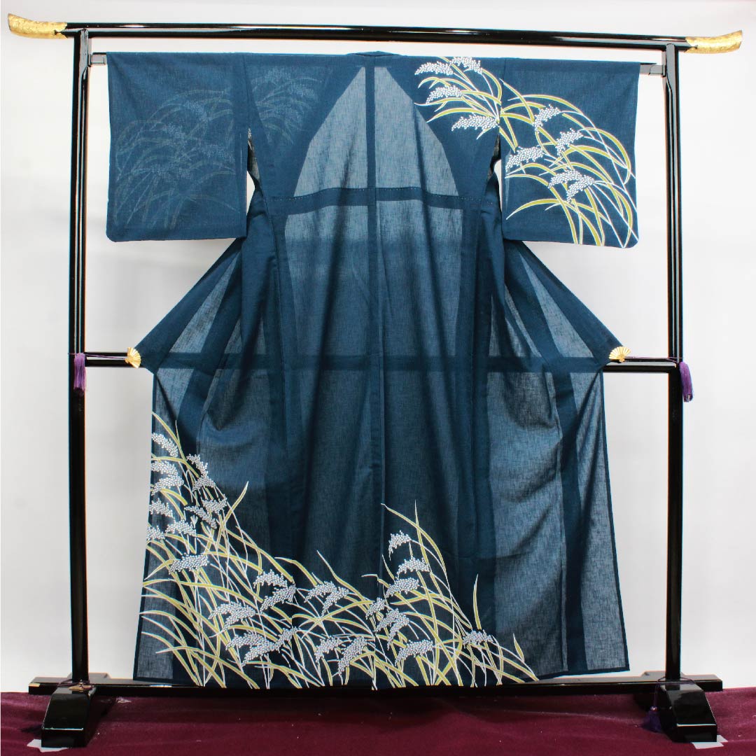 夏物 ポリエステル 訪問着 身丈159cm 裄丈66cm 鉄葡萄色(てつぶどういろ)稲穂 紗 Sランク 紺系 1132000092318