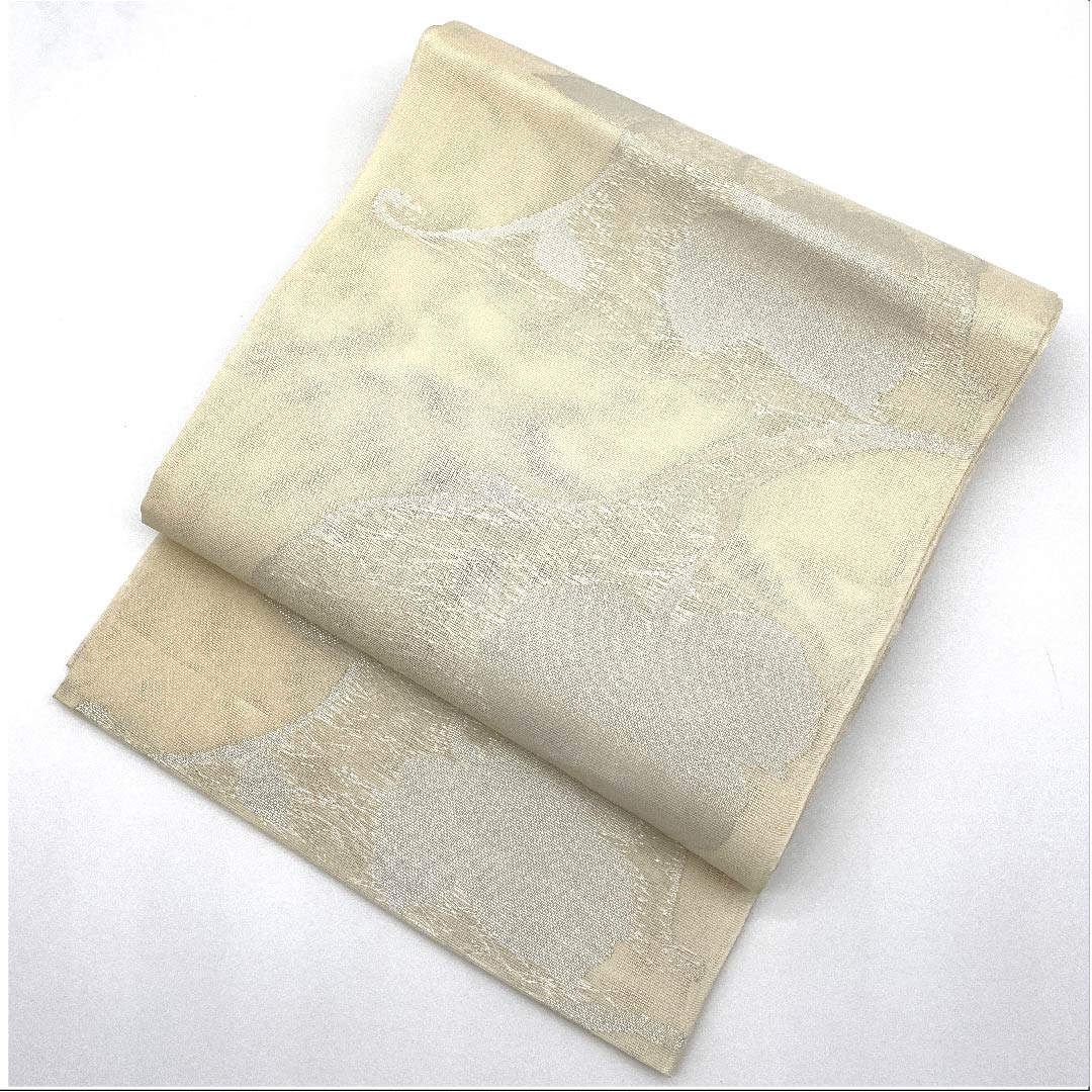 名古屋帯 生成り色 夏帯 紗 引箔 京袋帯 蔦の葉 帯丈366cm 正絹 Sランク 全通 セミフォーマル クリーム系 1124004092315 開き仕立て