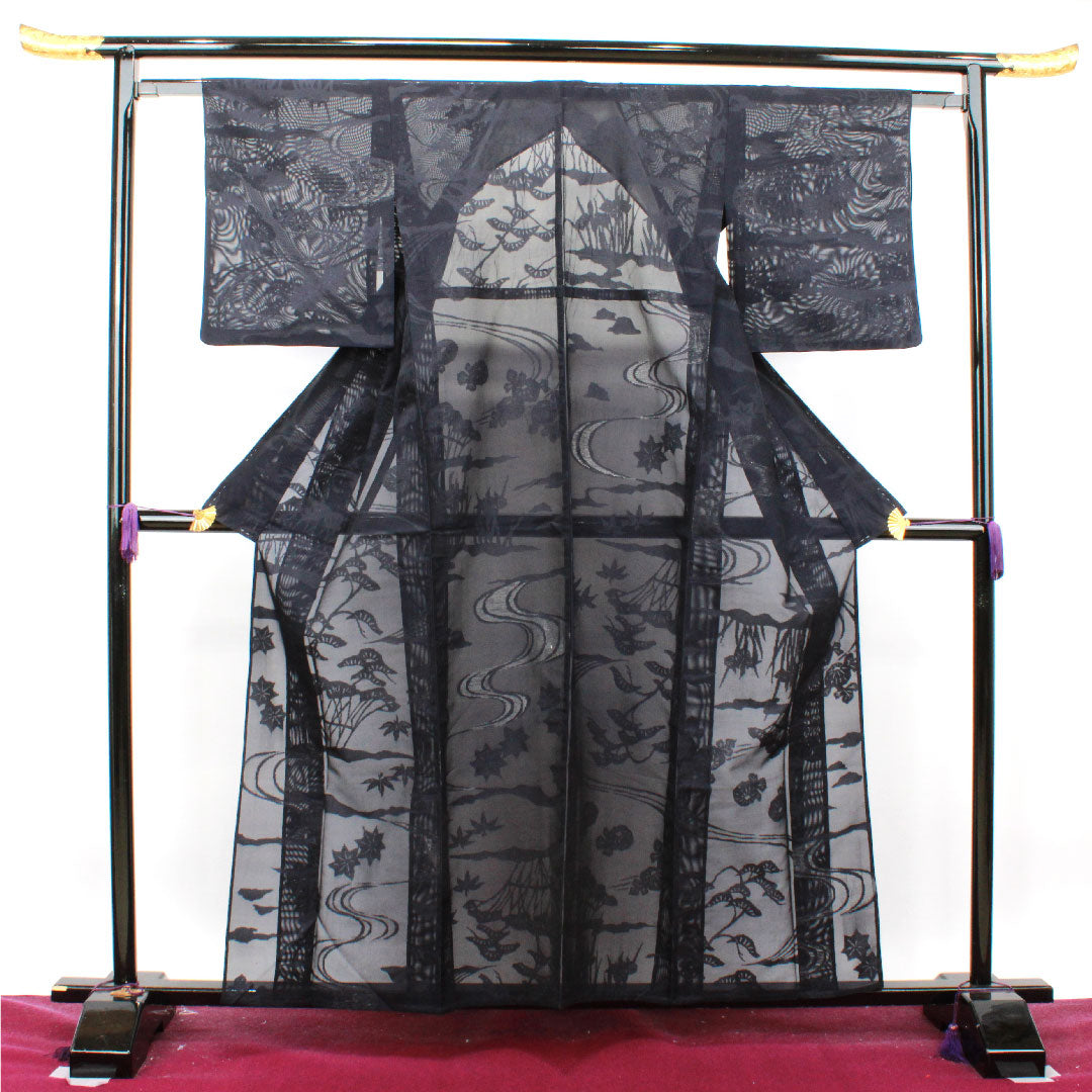 Summer item, pure silk, plain color, length 160cm, sleeve length 61.5cm, purple-black color, floral pattern, gauze, A rank, purple 1132001033420