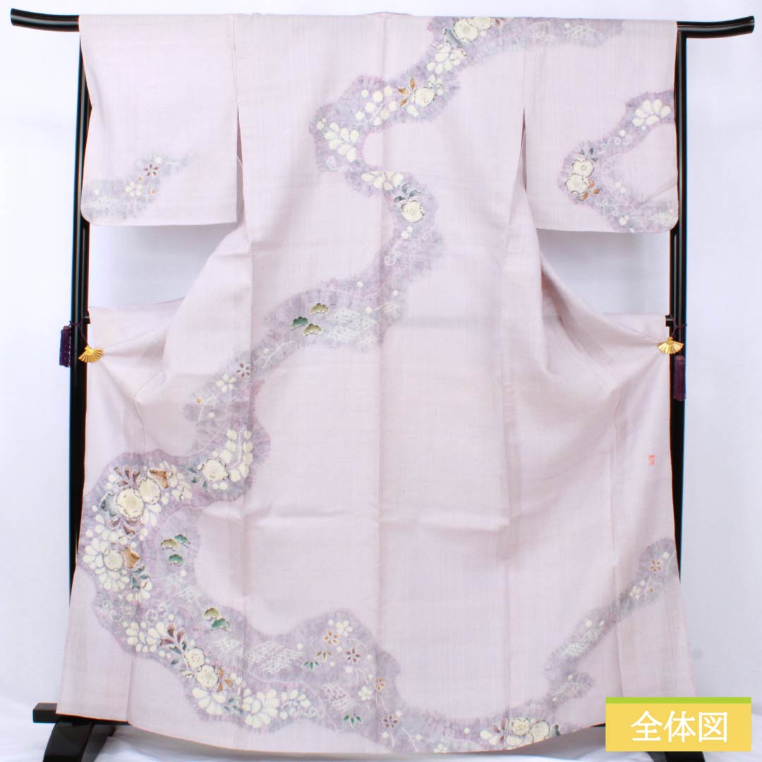 訪問着 正絹 Bランク 単衣 身丈165.5cm 裄丈64.5cm 白藤色(しらふじいろ) 紬地 絞り 作家物 辻ヶ花 紫系 1112007554520