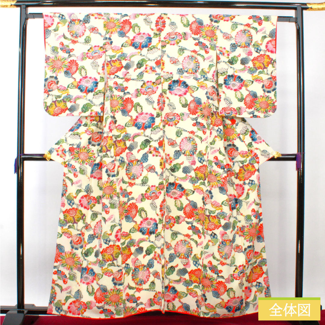 小紋 正絹 身丈158cm 裄丈62cm 袷 乳白色(にゅうはくしょく) 京紅型 草花模様 Aランク クリーム系 1115004293315