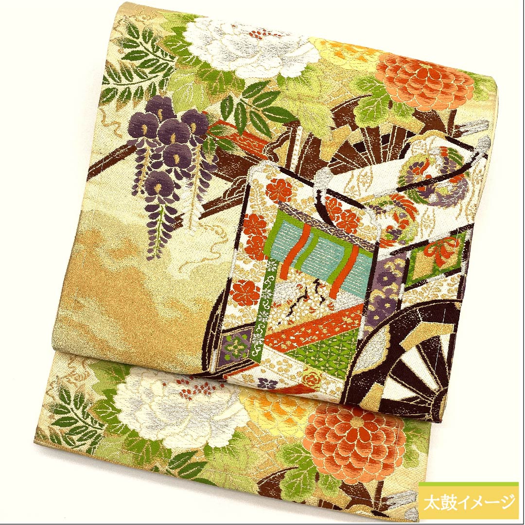 袋帯 薄卵色(うすたまごいろ) 御所車 牡丹 菊 紅葉 帯丈404cm 正絹 Sランク 六通 フォーマル クリーム系 1123010122315