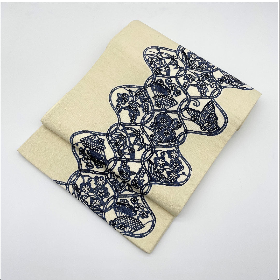 袋帯 灰梅色(はいうめいろ) 立湧 扇 桜 帯丈424cm 正絹 Aランク 六通 カジュアル クリーム系 1123005113315