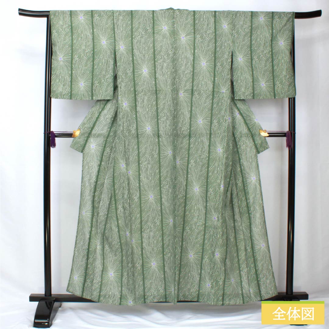 夏物 ポリエステル 小紋 身丈158cm 裄丈66cm 夏虫色(なつむしいろ) 乱菊 洗える着物 紗 Sランク 緑系 1132002162319