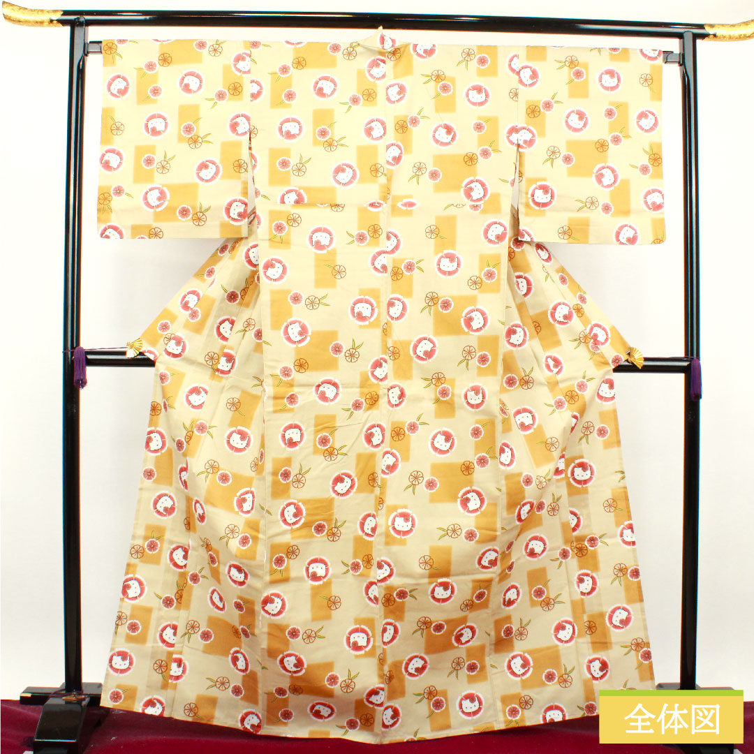 浴衣 木綿 身丈167.5cm 裄丈68cm Sランク 単衣 ベージュ系 蕎麦切色(そばきりいろ) ハローキティ 撫子 1118004832525