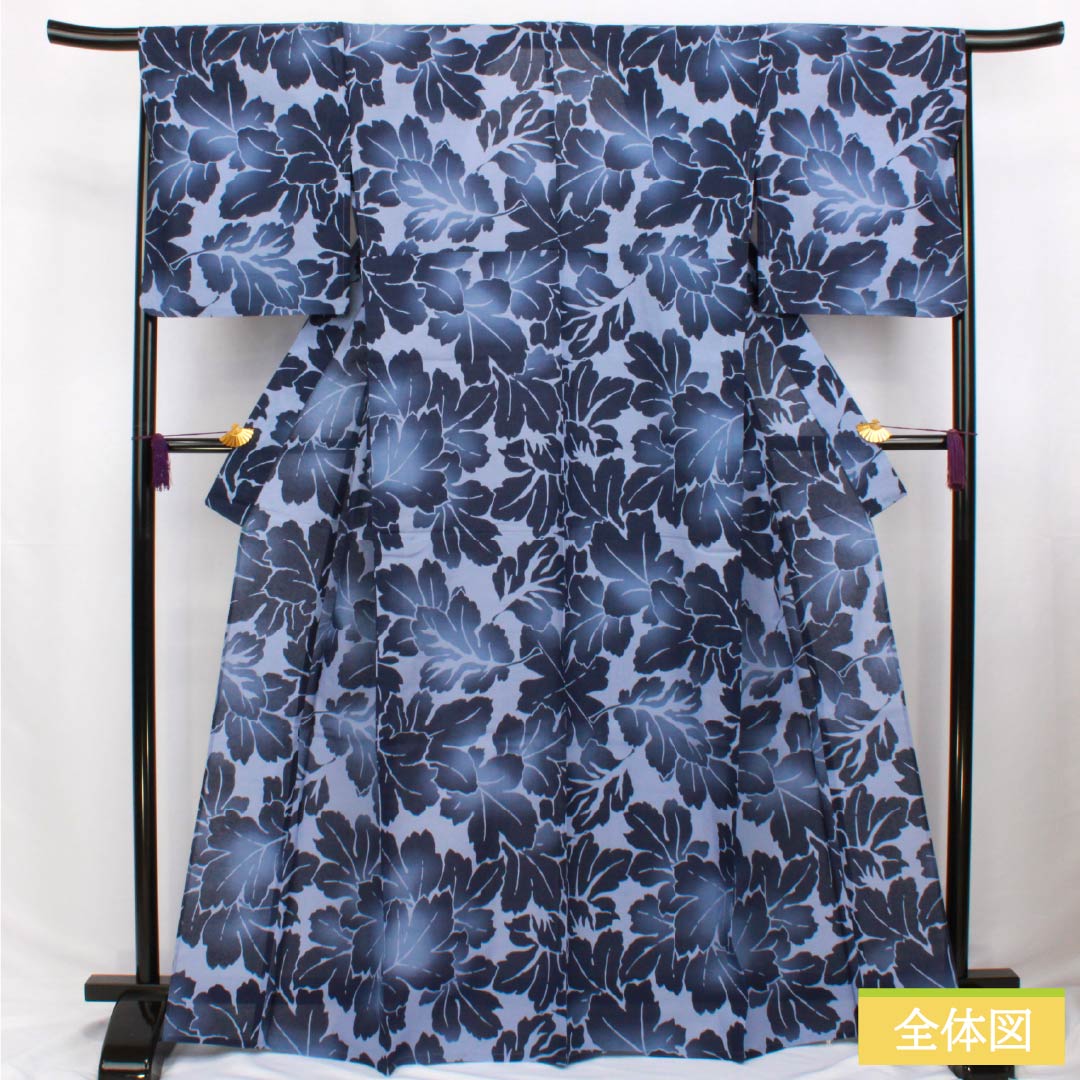 浴衣 木綿 身丈166cm 裄丈67cm Sランク 単衣 青系 青藤色(あおふじいろ) 葉っぱ模様 1118006612517