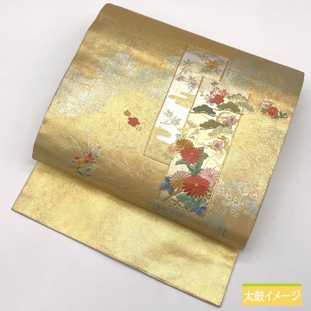 名古屋帯 刺繍 菊 桜 梅 帯丈360cm 正絹 Sランク ポイント柄 セミフォーマル 金系 1124008532321 名古屋仕立て