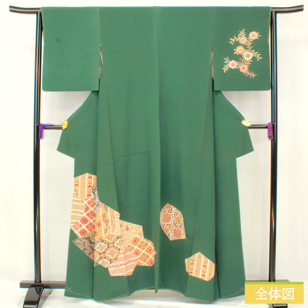 訪問着 正絹 袷 身丈160cm 裄丈63.5cm 柚葉色(ゆばいろ) 京友禅 更紗模様 Sランク 緑系 1112005052419