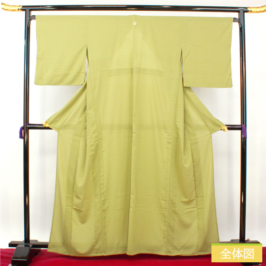 色無地 ポリエステル 身丈164cm 裄丈68cm 柳茶色(やなぎちゃいろ) 洗える着物 一つ紋 絽 Sランク 緑系 1114001312419
